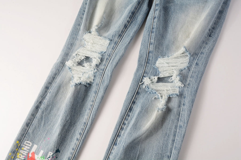 Men's Distressed Light Blue Skinny Jeans with Ripped Holes & Button Fly