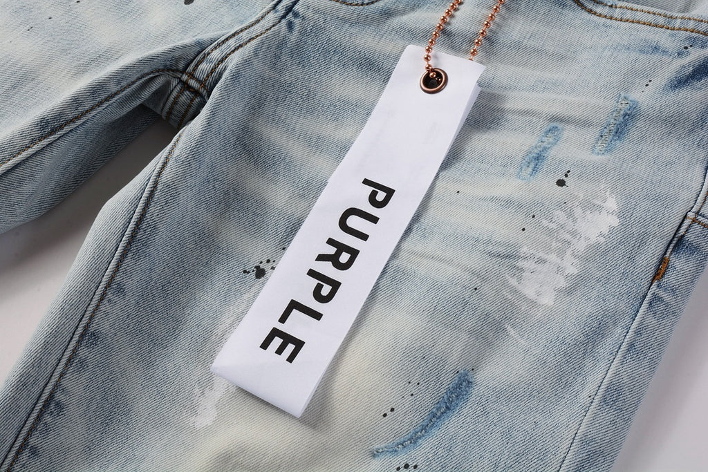Men's High Street Washed Light Blue Distressed Damaged Holes Ripped Jeans