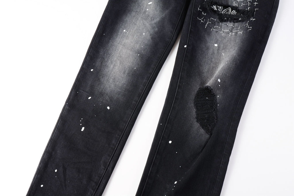 Men's Distressed Black Skinny Jeans with Bandanna Patchwork, Ripped Holes & Button Fly