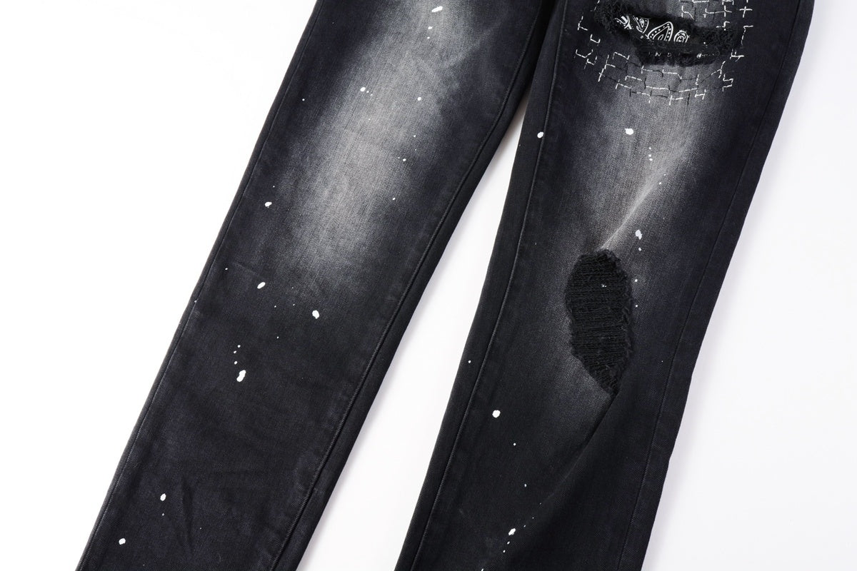 Men's Distressed Black Skinny Jeans with Bandanna Patchwork, Ripped Holes & Button Fly