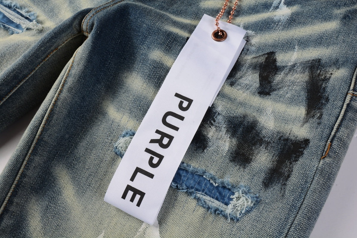 Men High Street Distressed Light Blue Destroyed Holes Graffiti Painted Stretch Slim Fit Ripped Jeans