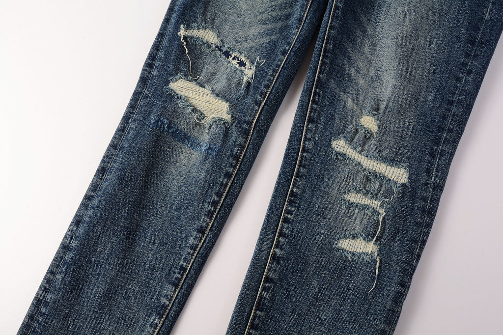 Men's Distressed Dark Blue Skinny Jeans with Ripped Holes & Button Fly