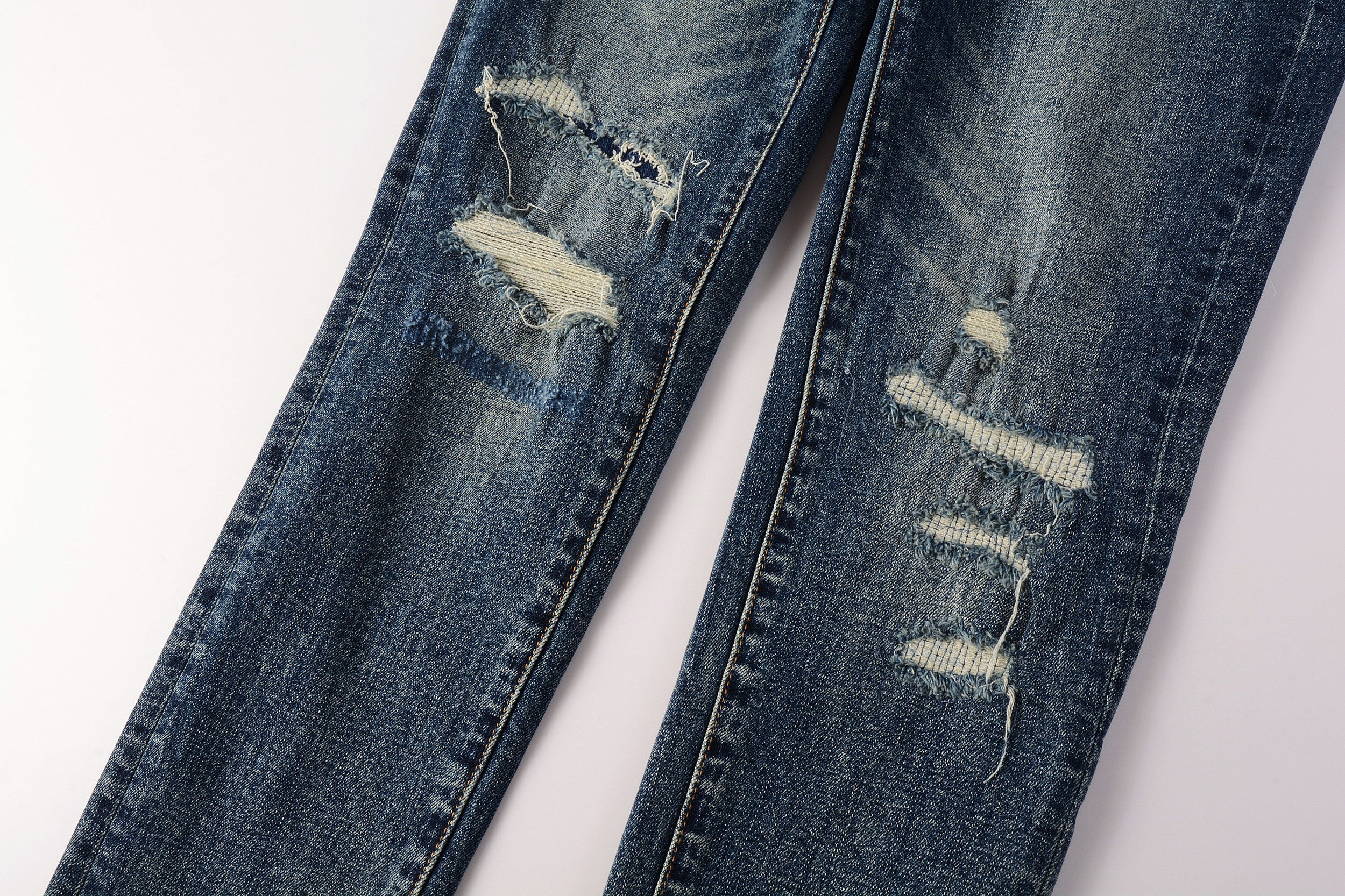 Men's Distressed Dark Blue Skinny Jeans with Ripped Holes & Button Fly