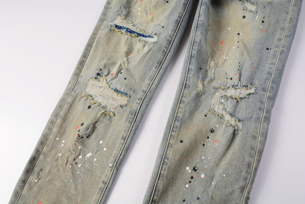 Men's Slim Fit Distressed Washed Light Blue Graffiti Jeans with Ripped Holes & Button Fly