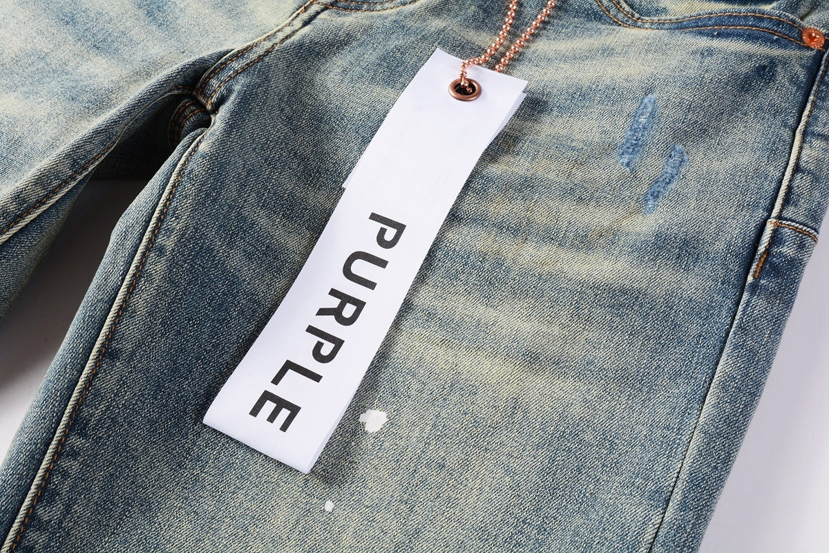 Men's Slim Fit Distressed Light Blue Damaged Holes Blue Patchwork Stretch Ripped Jeans Pants