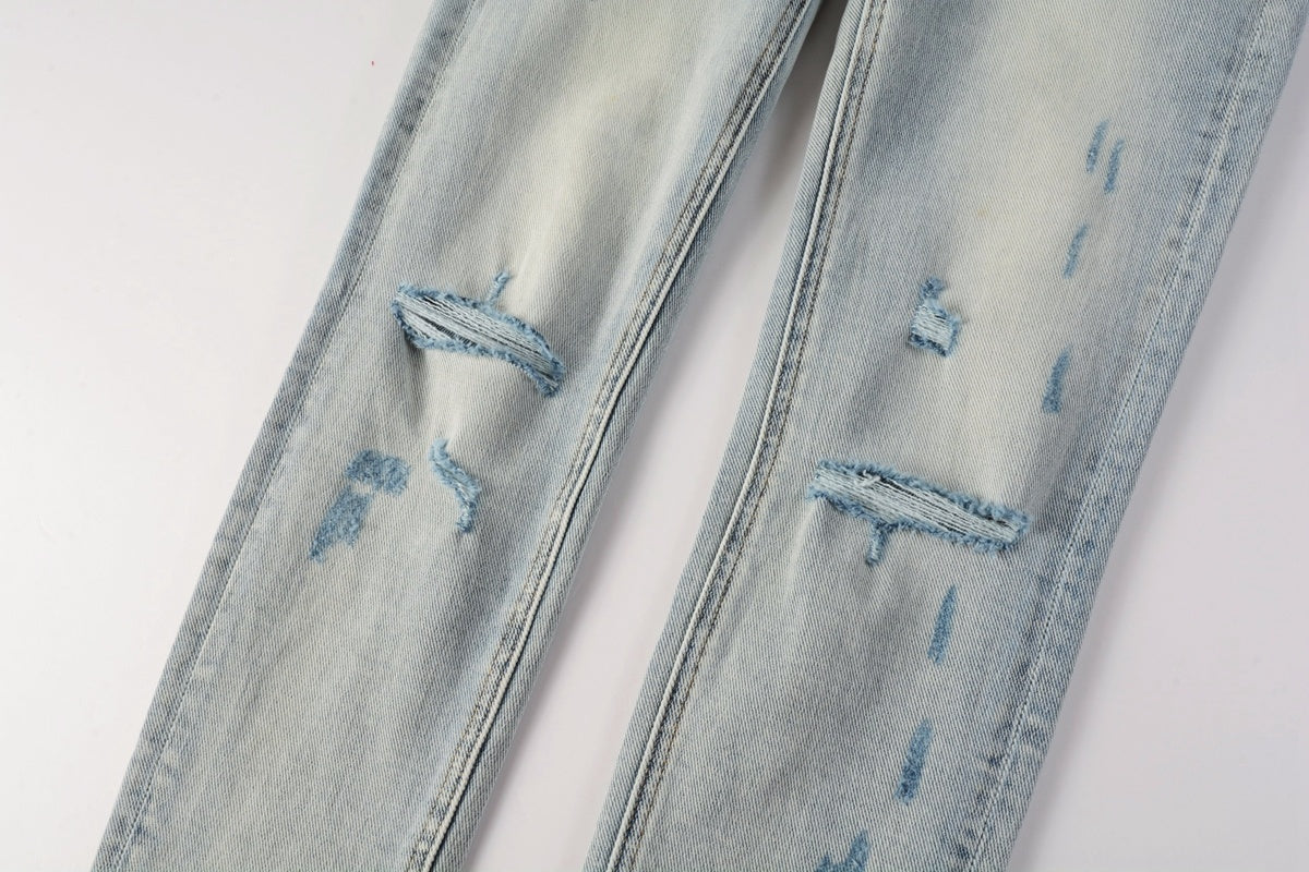 Men's Light Wash Artistic Patchwork Distressed Skinny Jeans - Stretch Denim