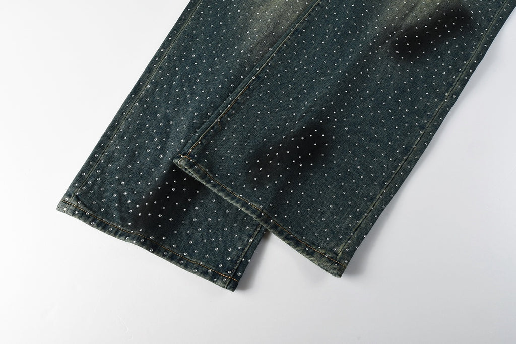 Men's & Women's High Street Baggy Distressed Blue Jeans with Rhinestones & Loose Fit