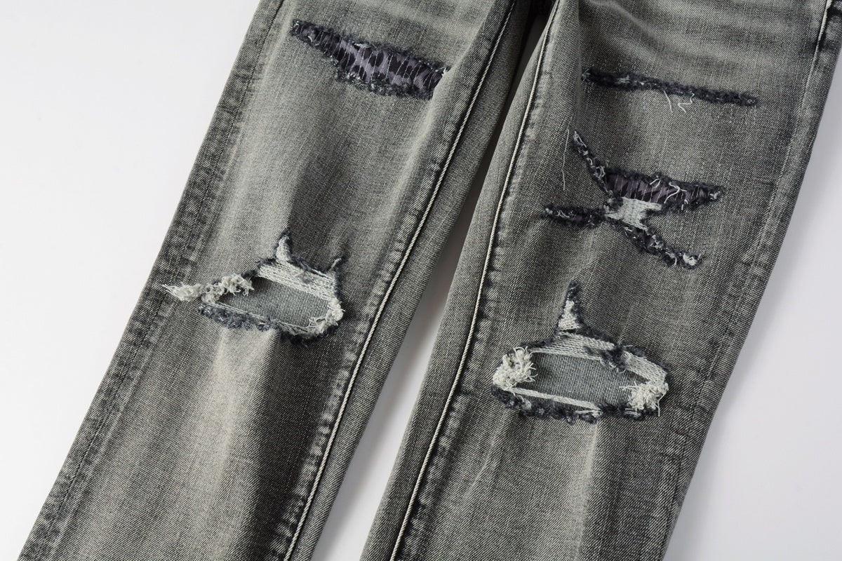 Men's High Street Distressed Ash Gray Skinny Jeans with Ripped Holes & Button Fly