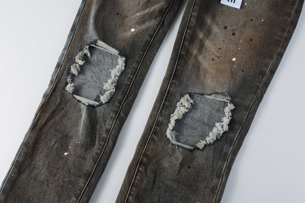 Men's Distressed Dirty Damaged Holes Stretch Slim Fit Ripped Jeans
