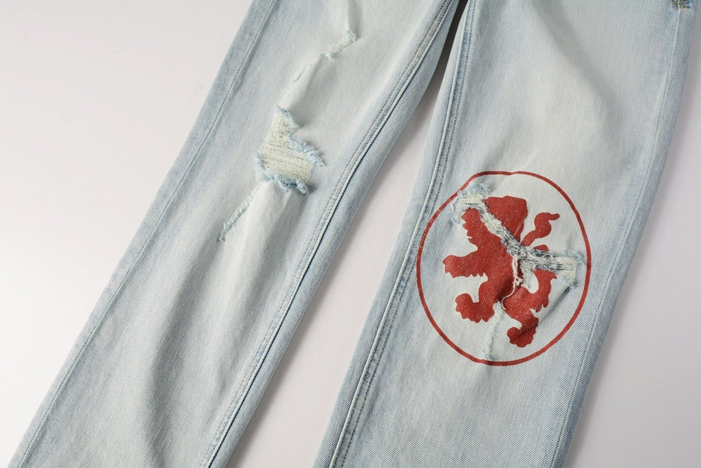 Men's Light Wash Lion Crest Patch Distressed Skinny Jeans - Stretch Denim