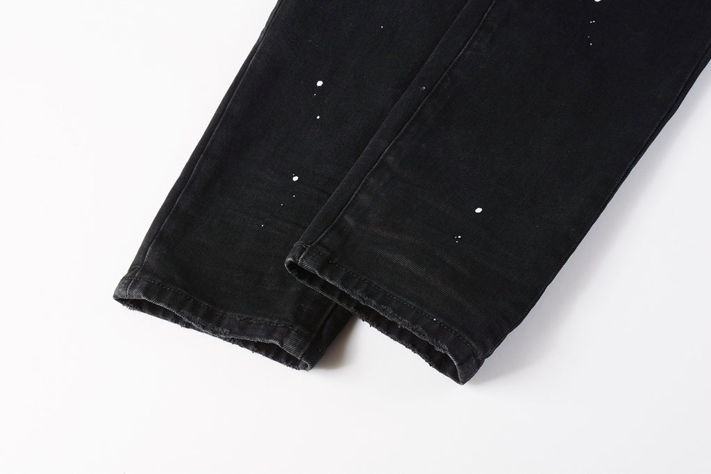 Men's Distressed Black Skinny Jeans with Graffiti Print, Ripped Holes & Button Fly