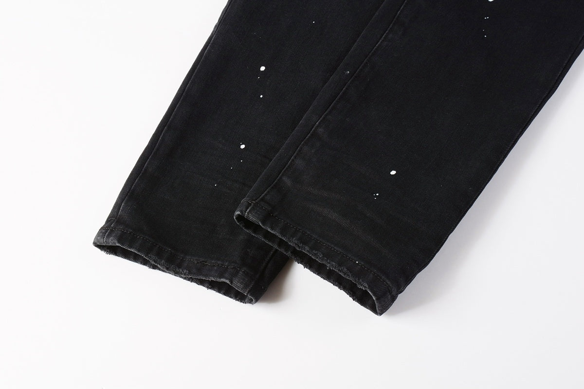 Men's Distressed Black Skinny Jeans with Graffiti Print, Ripped Holes & Button Fly