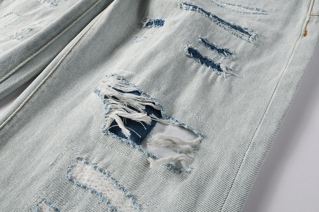 Men's Wide Leg Distressed Blue Jeans with Bandanna Patchwork, Ripped Holes & Button Fly