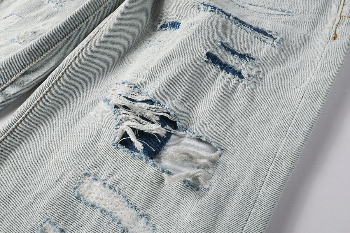 Men's Wide Leg Distressed Blue Jeans with Bandanna Patchwork, Ripped Holes & Button Fly