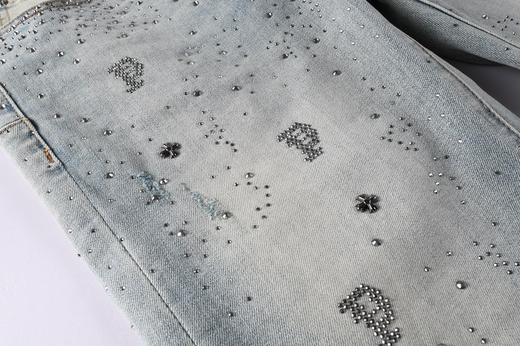 Purple Brand Men's Distressed Skinny Jeans with Cross Rhinestones, Ripped Holes & Button Fly