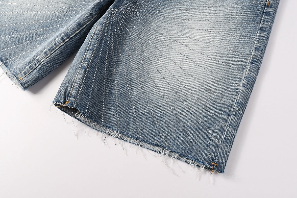 Men's Distressed Washed Blue Baggy Denim Shorts with Stretch Fit