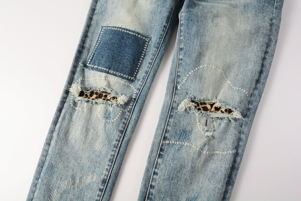 Men's Distressed Light Blue Slim Fit Patchwork Skinny Jeans with Ripped Holes & Button Fly