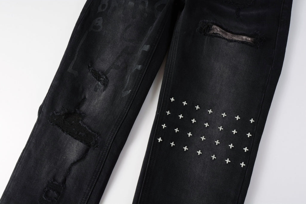 Men's Black Wash Cross-Studded Distressed Skinny Jeans - Stretch Denim