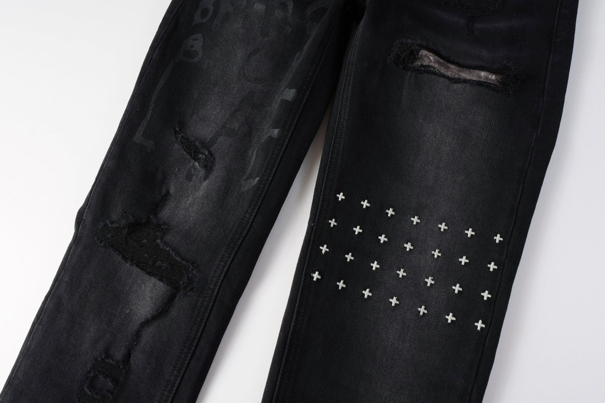 Men's Black Wash Cross-Studded Distressed Skinny Jeans - Stretch Denim