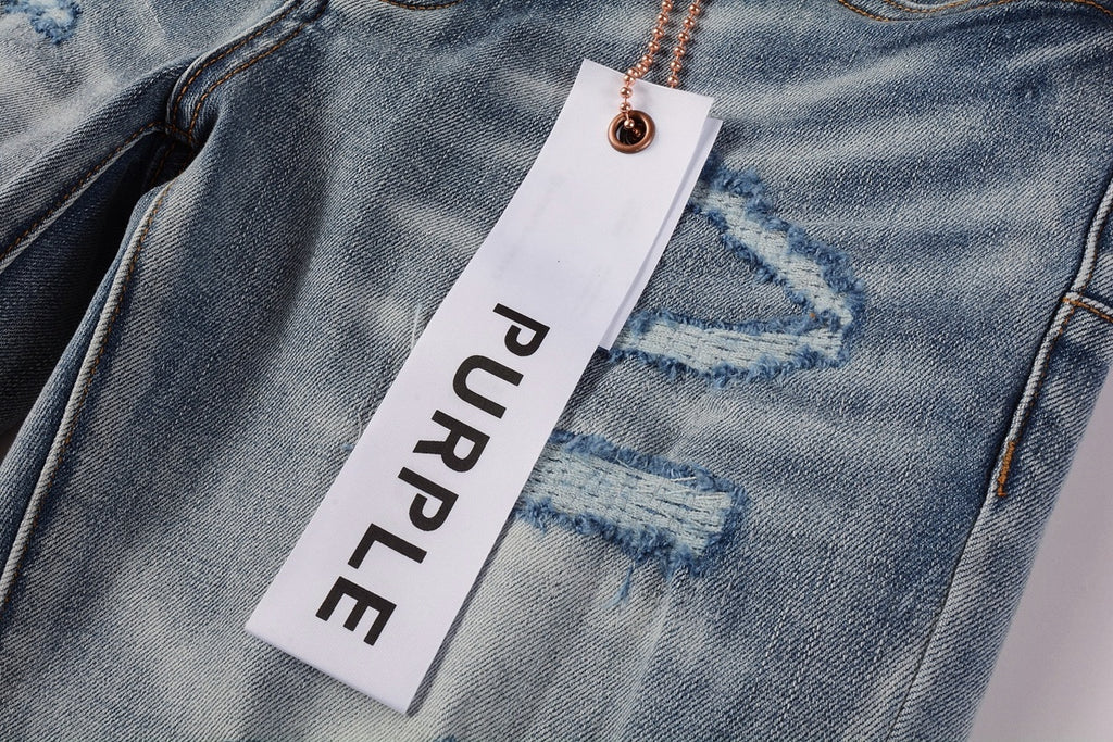 Men's Slim Fit Streetwear Distressed Light Blue Destroyed Holes Patchwork Stretch Ripped Jeans