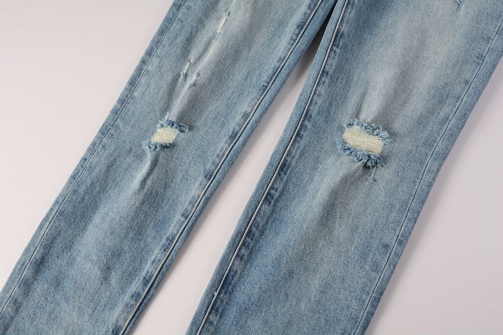 Men's Distressed Slim Fit Light Blue Skinny Jeans with Button Fly & Ripped Detailing