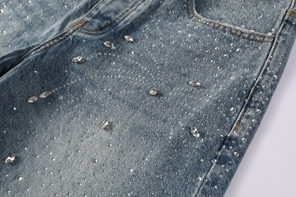 High Street Baggy Jeans - Distressed Blue Rhinestones Pattern | Loose Ripped Jeans