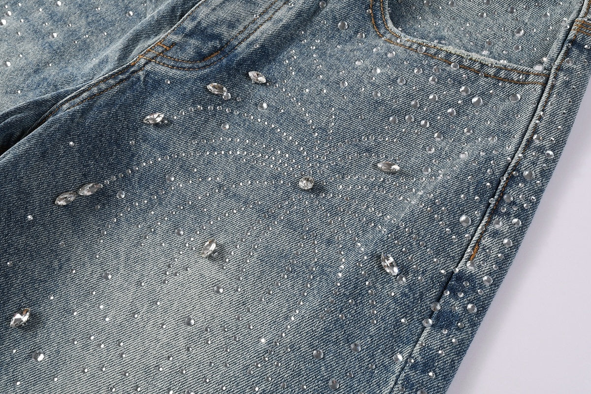 High Street Baggy Jeans - Distressed Blue Rhinestones Pattern | Loose Ripped Jeans