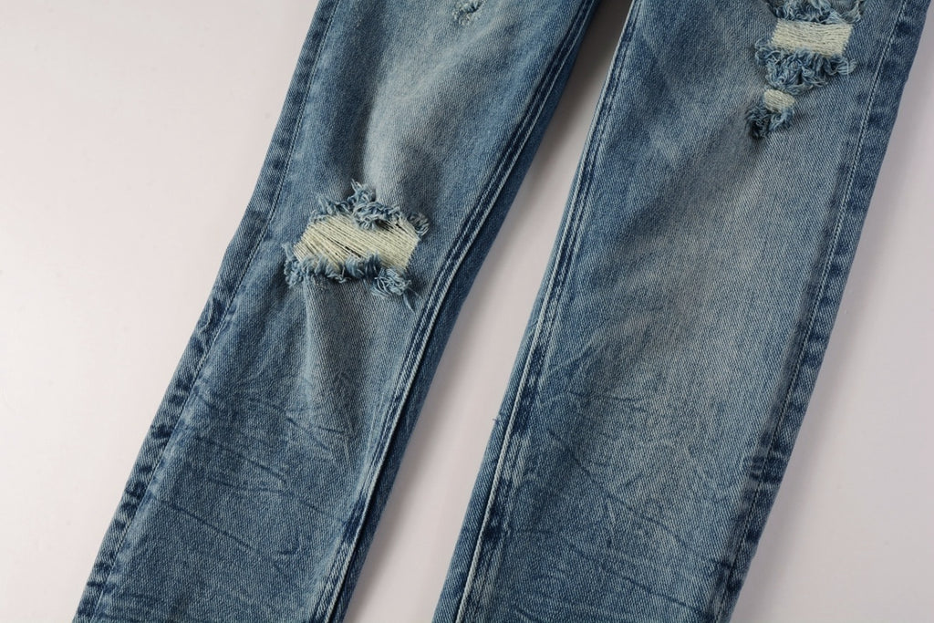 Men's Light Wash Multi-Patch Distressed Skinny Jeans - Stretch Denim