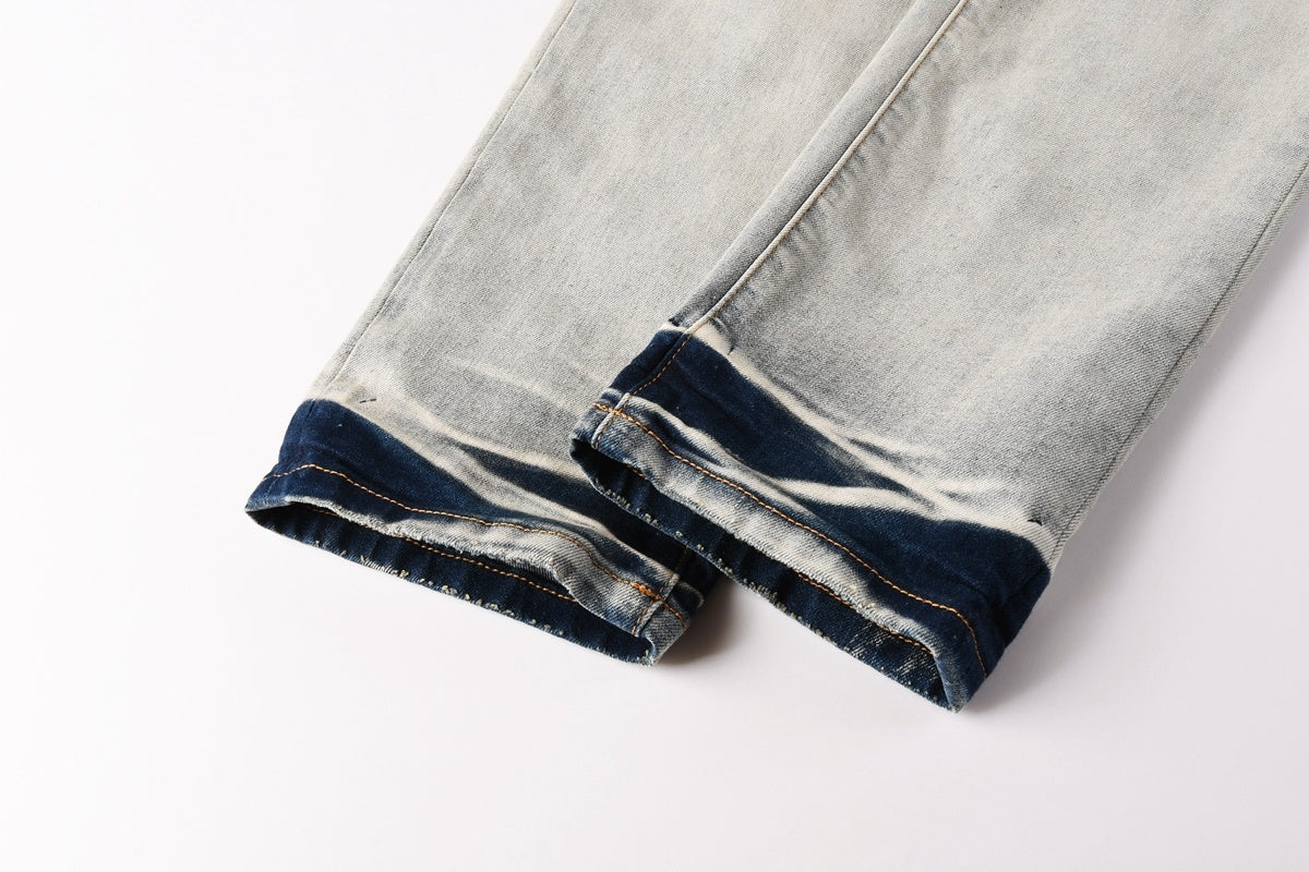 Men's Distressed Blue Skinny Jeans with Silver Coating, Ripped Holes & Button Fly