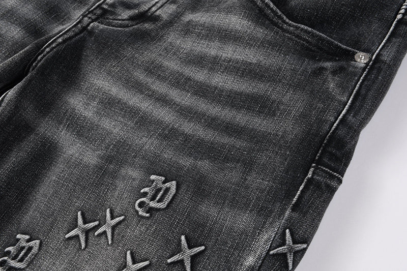 Men's Black Washed Embroidered Cross & Logo Skinny Jeans | Streetwear Slim Fit Denim Pants