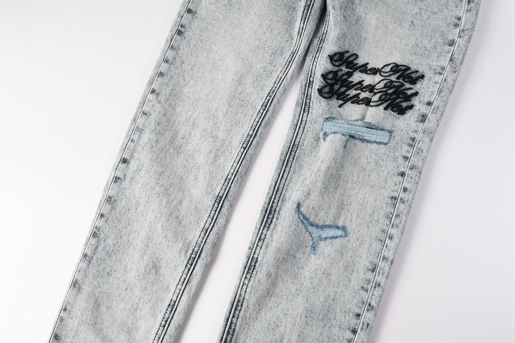 Men’s Acid Wash Skinny Jeans - Distressed Embroidered Street Denim