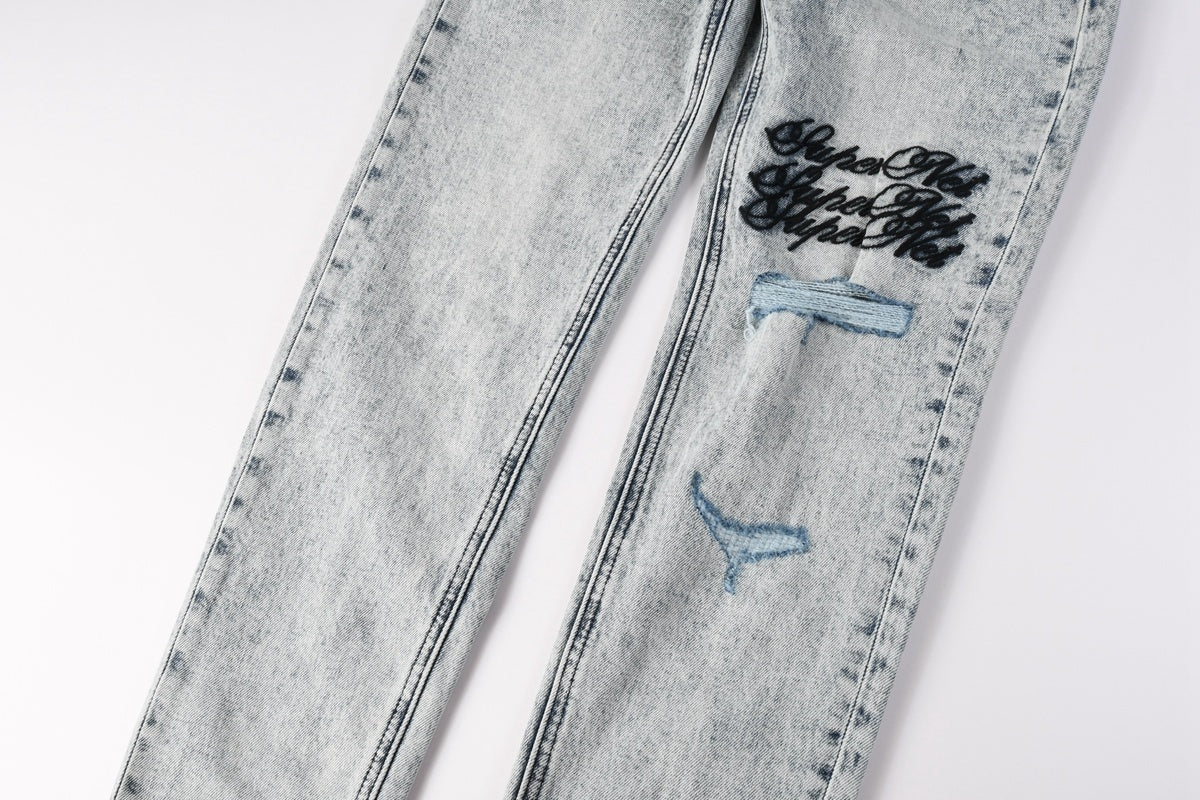 Men’s Acid Wash Skinny Jeans - Distressed Embroidered Street Denim