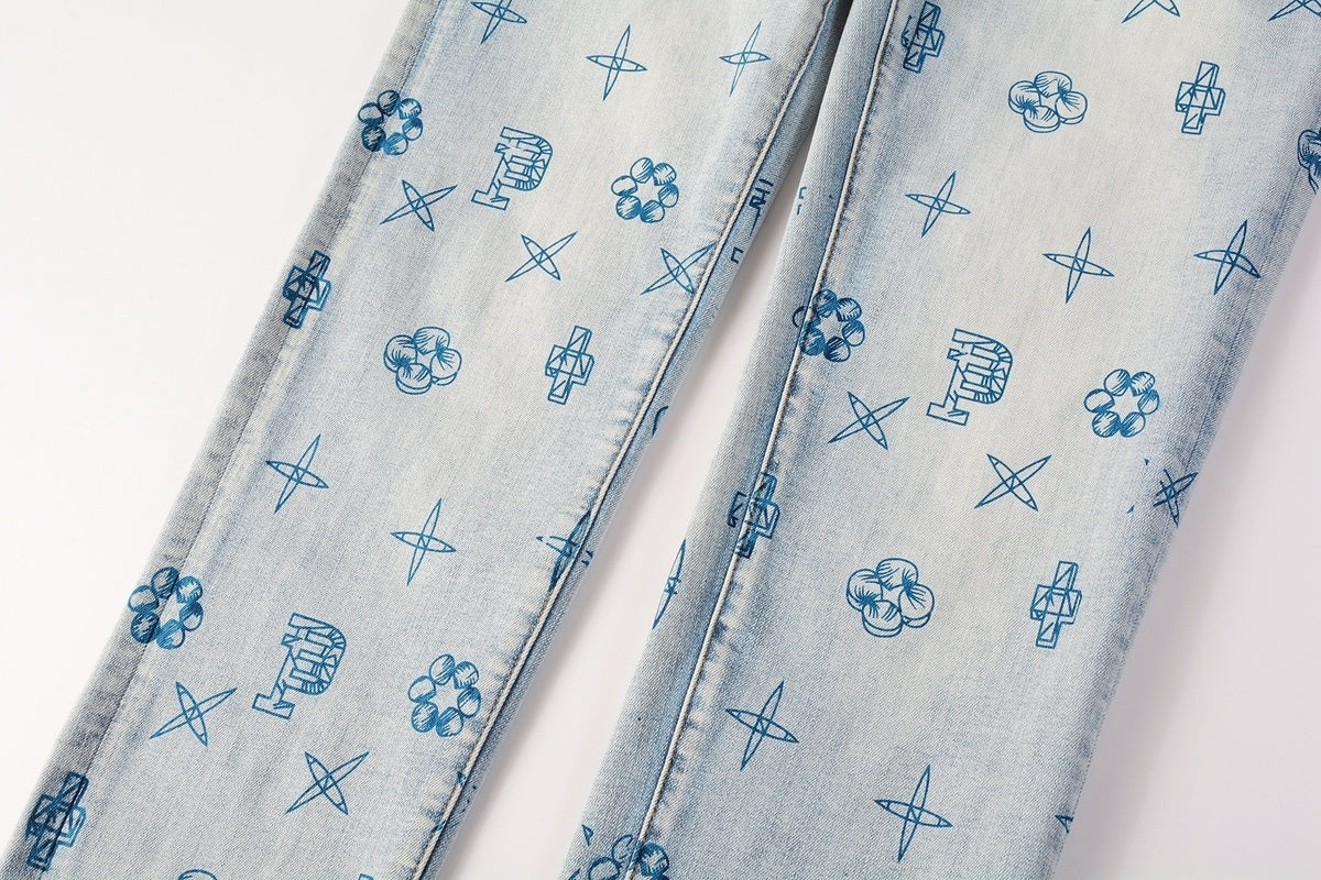 High Street Distressed Blue Laser Patterns Stretch Skinny Ripped Jeans