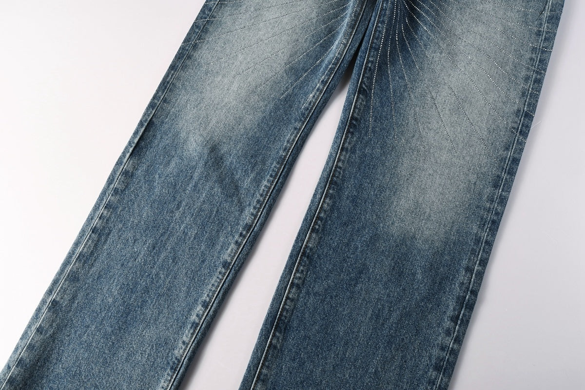 Distressed Blue Baggy Rhinestones Loose Ripped Jeans | Trendy Streetwear Denim