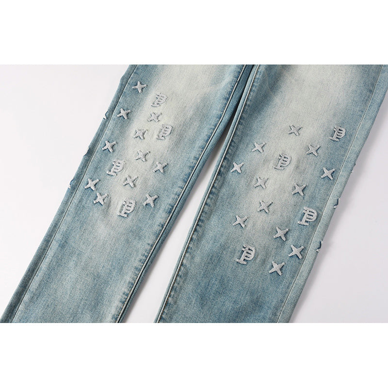 Men's Light Wash Embroidered Letter Skinny Jeans | Streetwear Slim Fit Distressed Denim Pants