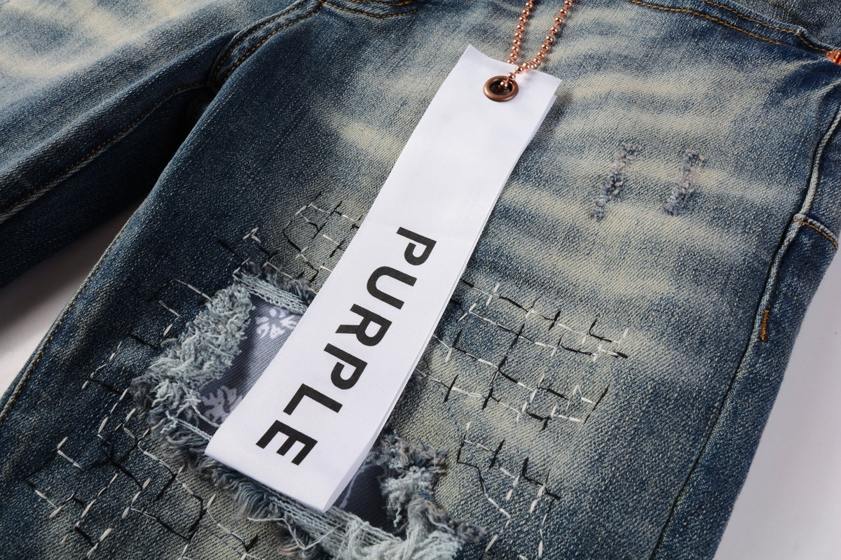 Men's Streetwear Classical Blue Distressed Bandanna Patchwork Stretch Slim Fit Ripped Jeans