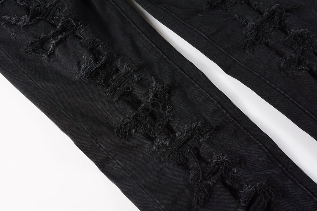 Men's Distressed Black Skinny Jeans with Ripped Holes & Button Fly