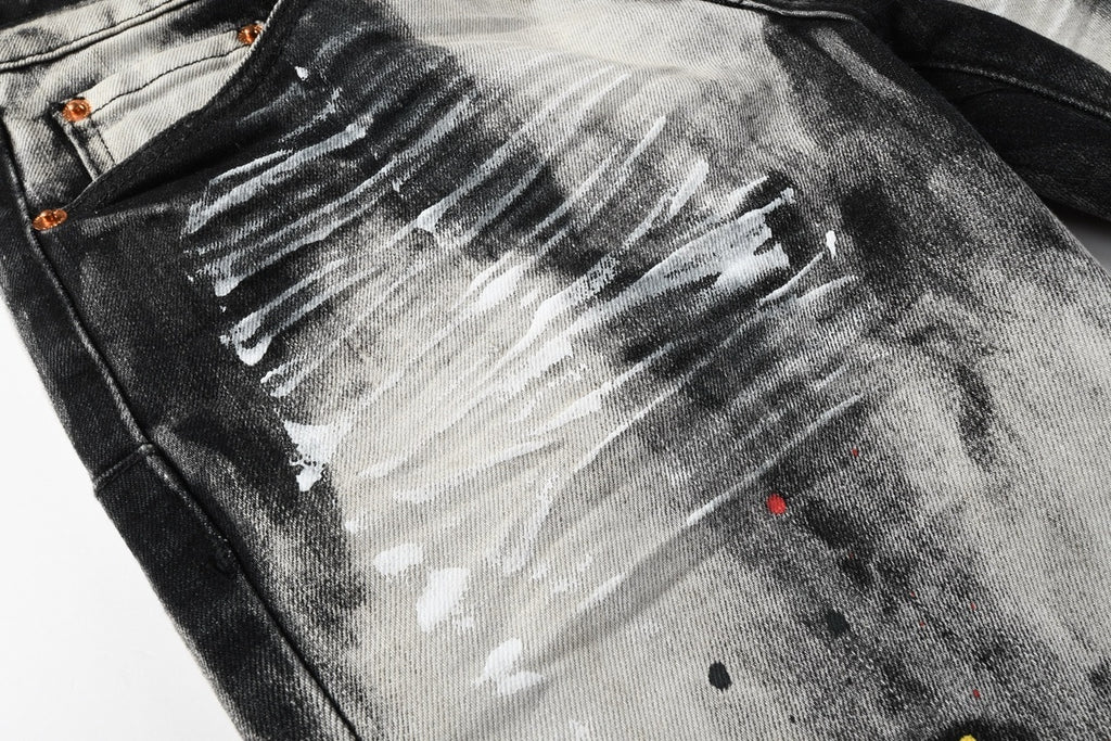 Men's Tie-Dye Graffiti Skinny Jeans with Ripped Holes & Button Fly