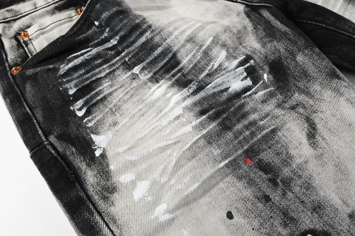 Men's Tie-Dye Graffiti Skinny Jeans with Ripped Holes & Button Fly