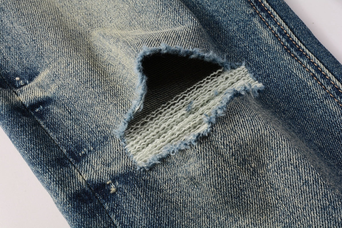 Men's Vintage Blue Multi-Rip Distressed Skinny Jeans - Stretch Denim