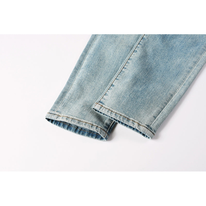 Men's Light Wash Embroidered Letter Skinny Jeans | Streetwear Slim Fit Distressed Denim Pants