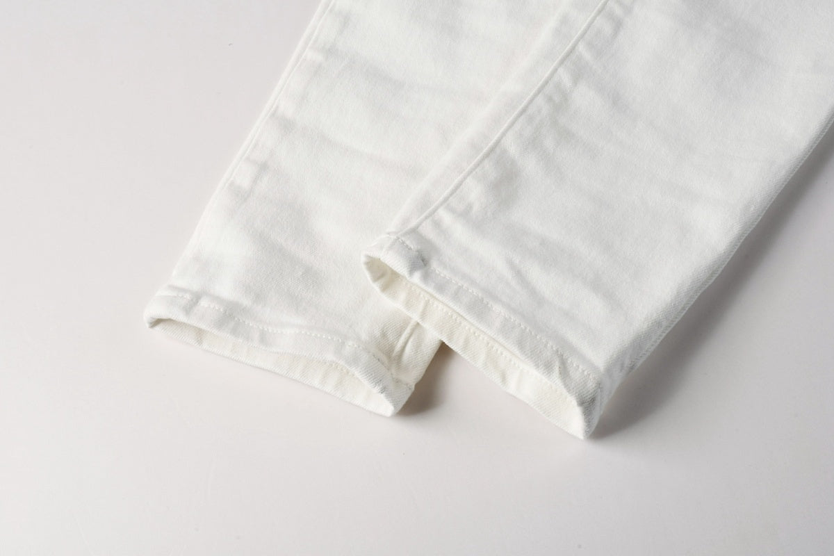 Men's Distressed White Skinny Jeans with Embroidered Patterns & Ripped Holes & Button Fly