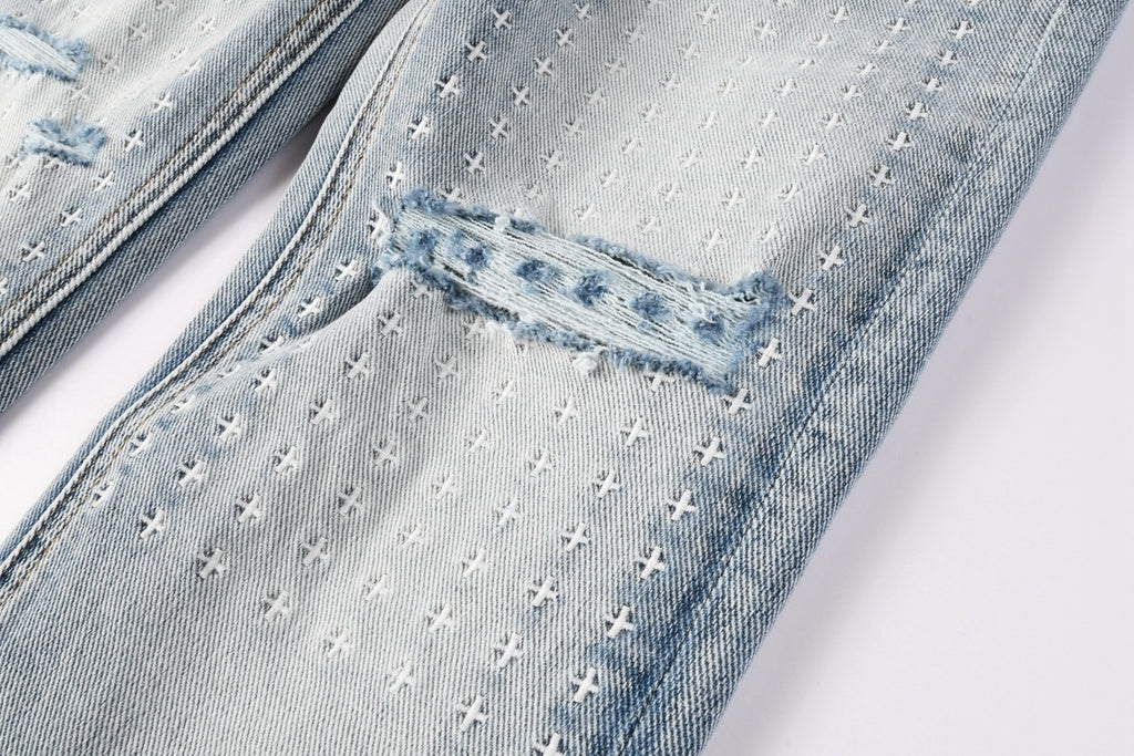 Men’s Light Wash Skinny Jeans - Cross Embroidered Distressed Denim