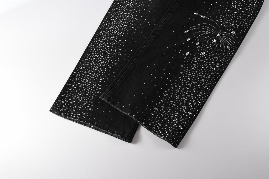 Men's Distressed Black Baggy Jeans with Rhinestones & Street Style