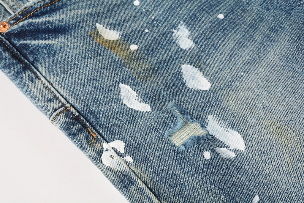 Men's Slim Fit Distressed Blue Graffiti Skinny Jeans with Ripped Holes & Button Fly
