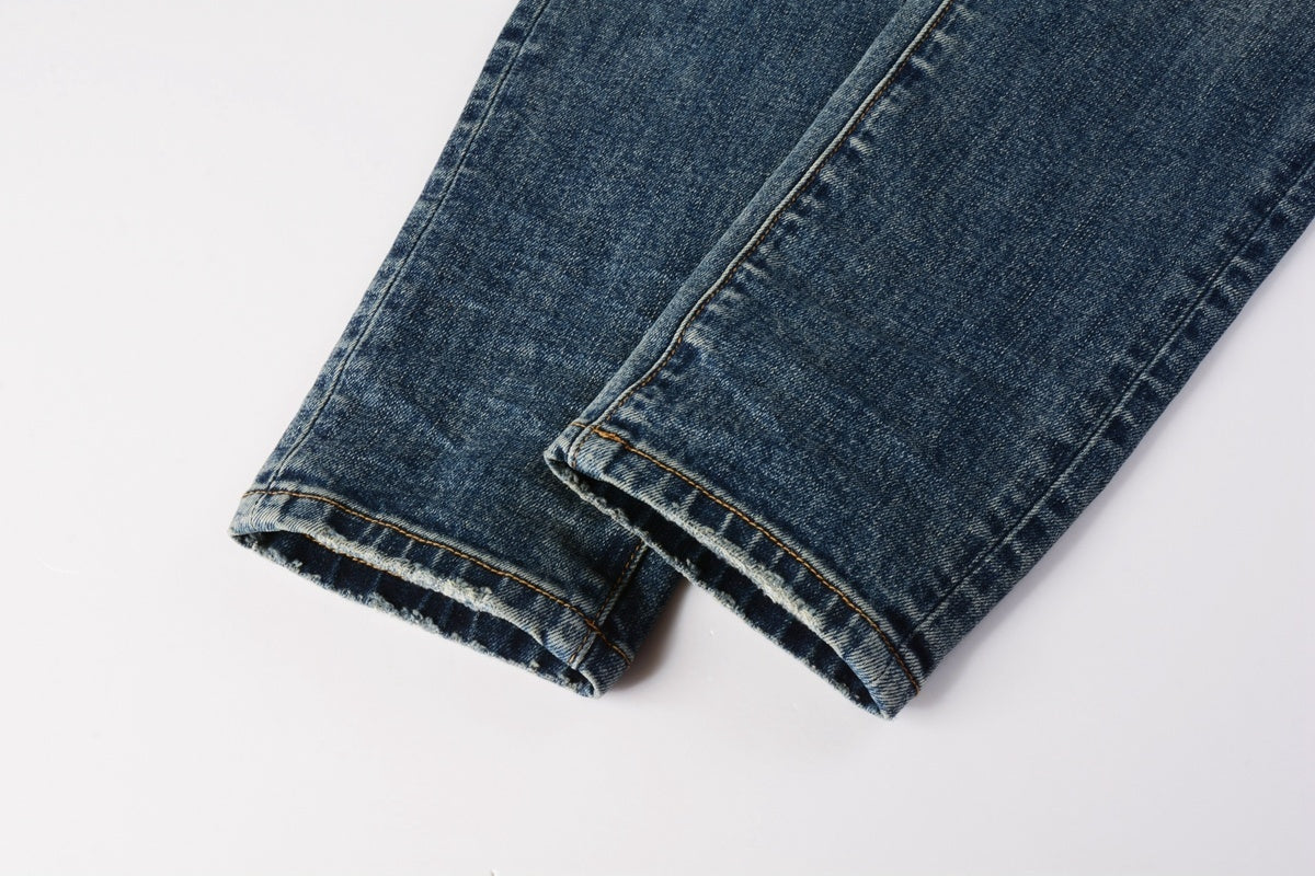 Men's Distressed Dark Blue Skinny Jeans with Button Fly & Ripped Detailing