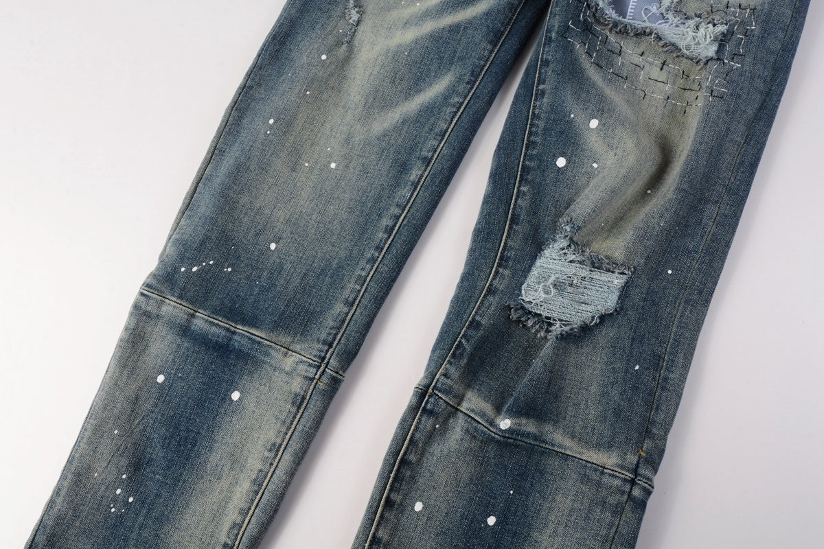 Men's Streetwear Classical Blue Distressed Bandanna Patchwork Stretch Slim Fit Ripped Jeans