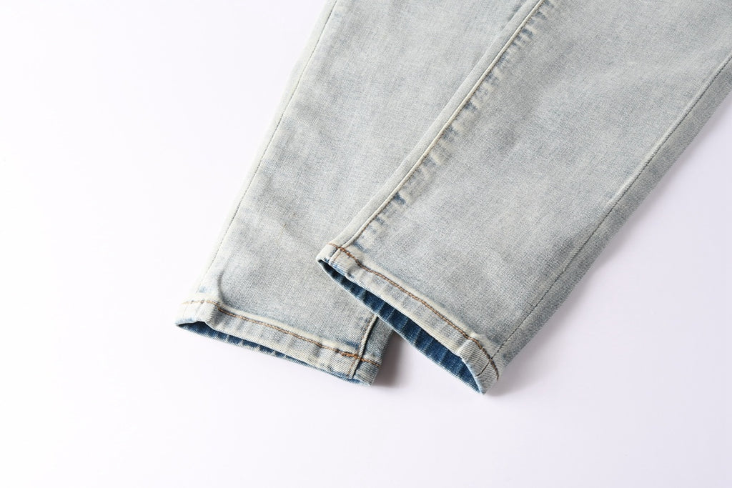 Purple Brand Men's Distressed Skinny Jeans with Cross Rhinestones, Ripped Holes & Button Fly