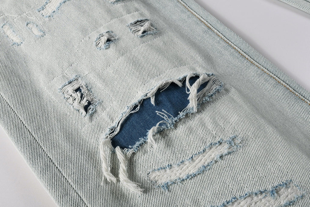 Men's Wide Leg Distressed Blue Jeans with Bandanna Patchwork, Ripped Holes & Button Fly