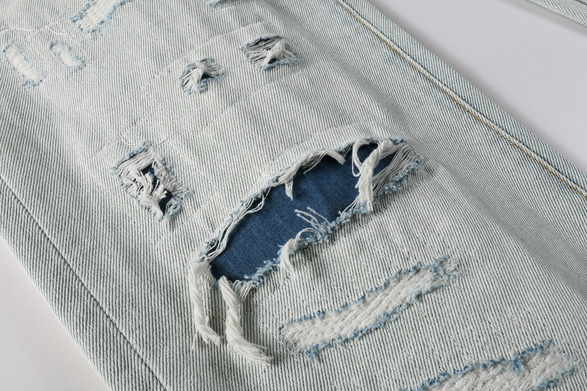 Men's Wide Leg Distressed Blue Jeans with Bandanna Patchwork, Ripped Holes & Button Fly